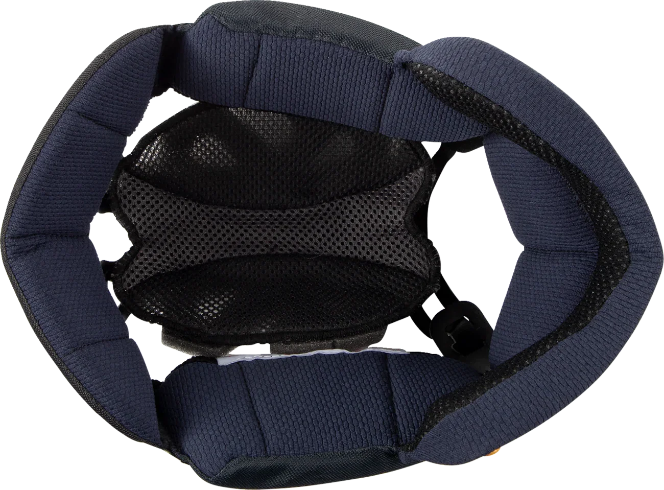 Interior view of motorcycle helmet with navy padding and black mesh lining for comfort and ventilation