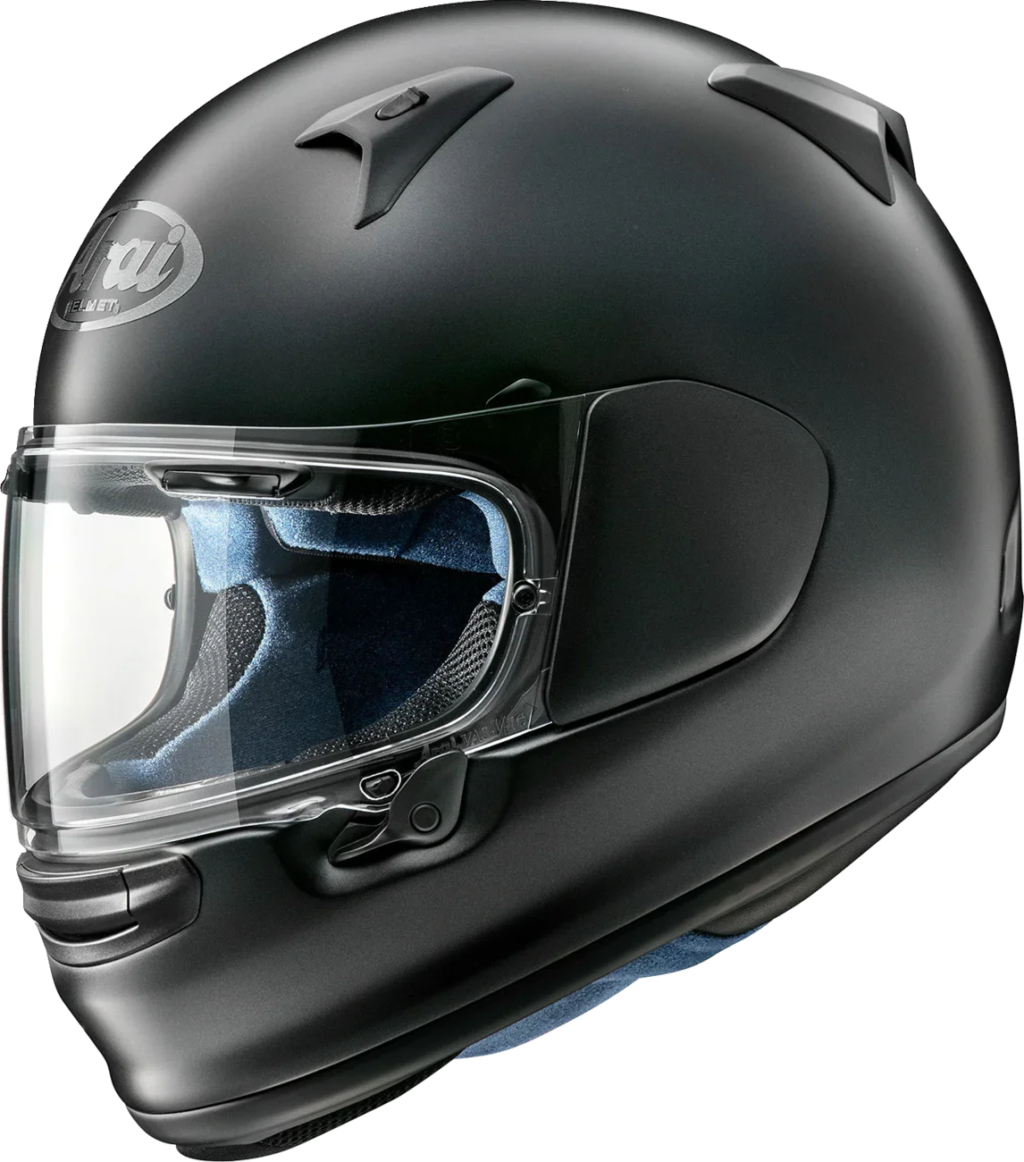 Matte black Arai full-face motorcycle helmet with clear visor and blue interior padding