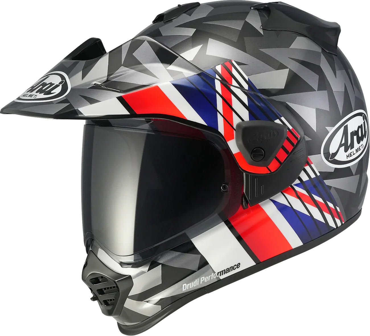 Arai Drudi Performance motorcycle helmet with geometric gray, red, blue, and white graphics and tinted visor