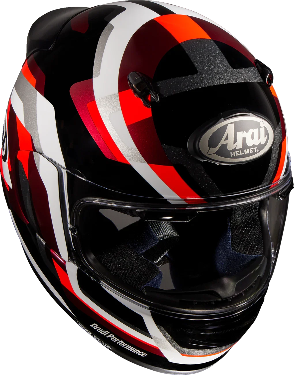 Arai full-face motorcycle helmet with red, white, and black graphics, featuring Drudi Performance design