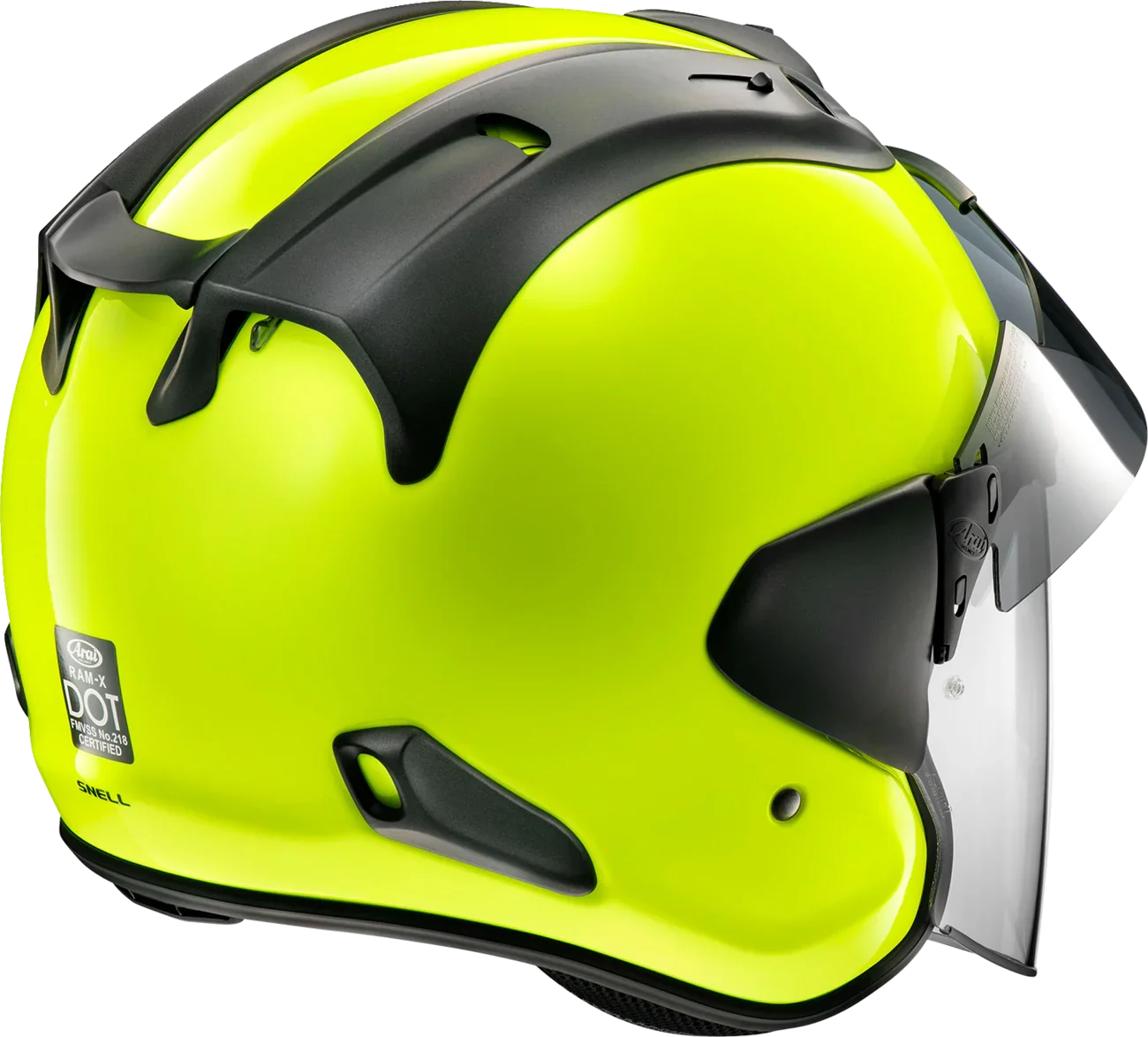 Bright yellow Arai motorcycle helmet with black accents and clear visor, DOT certified for safety