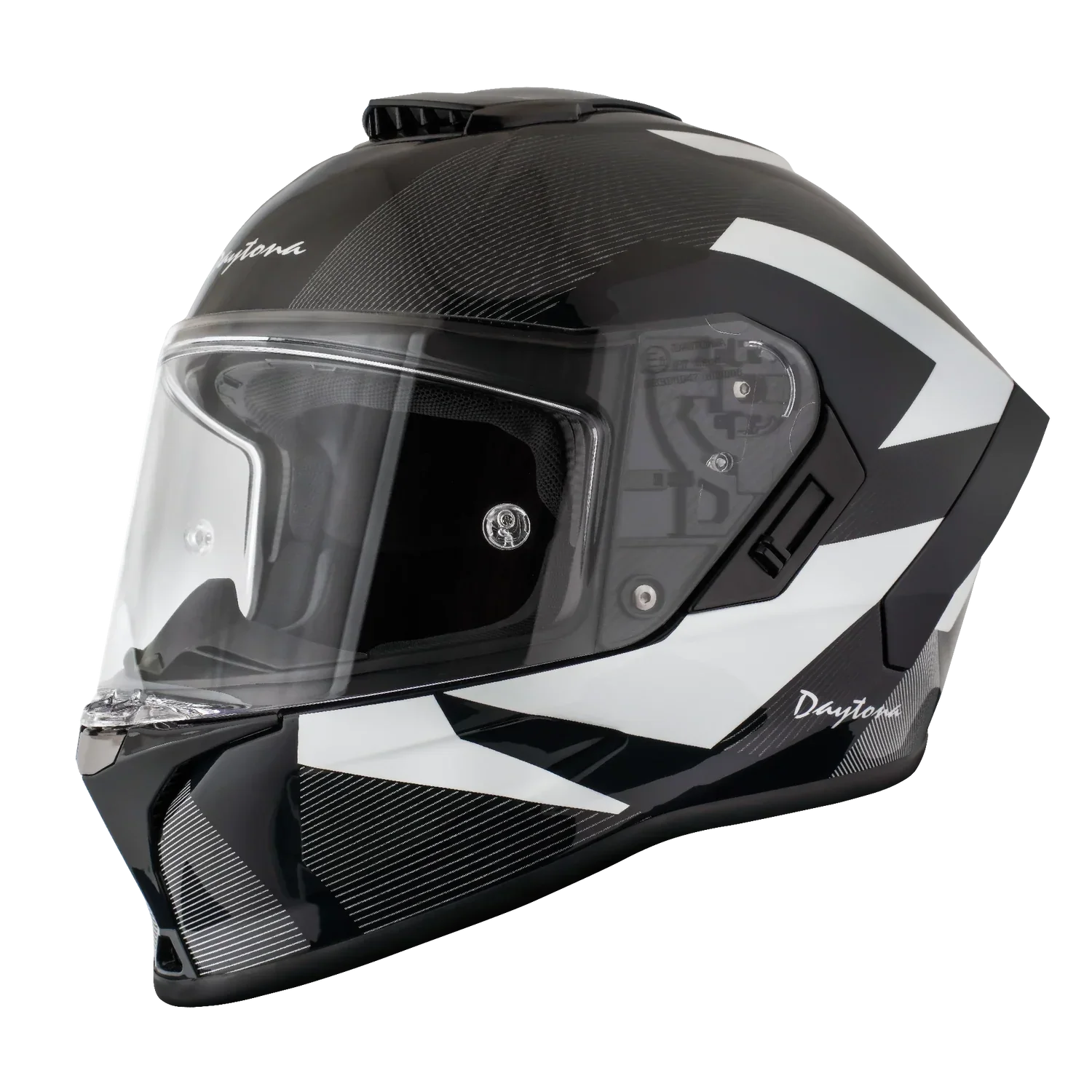 Black and white Daytona Viper motorcycle helmet with clear visor on a white background