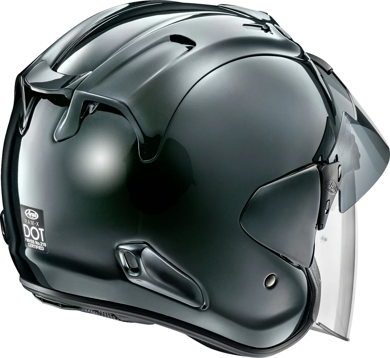 Arai RAM-X DOT certified motorcycle helmet with clear visor, sleek black design for rider safety and style