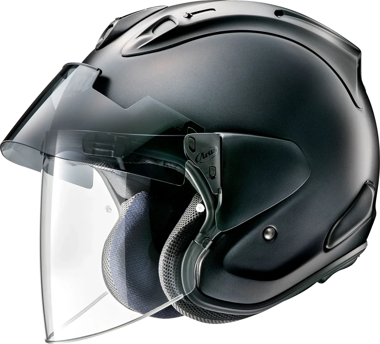 Matte black Arai motorcycle helmet with clear visor and dual shield system for rider protection