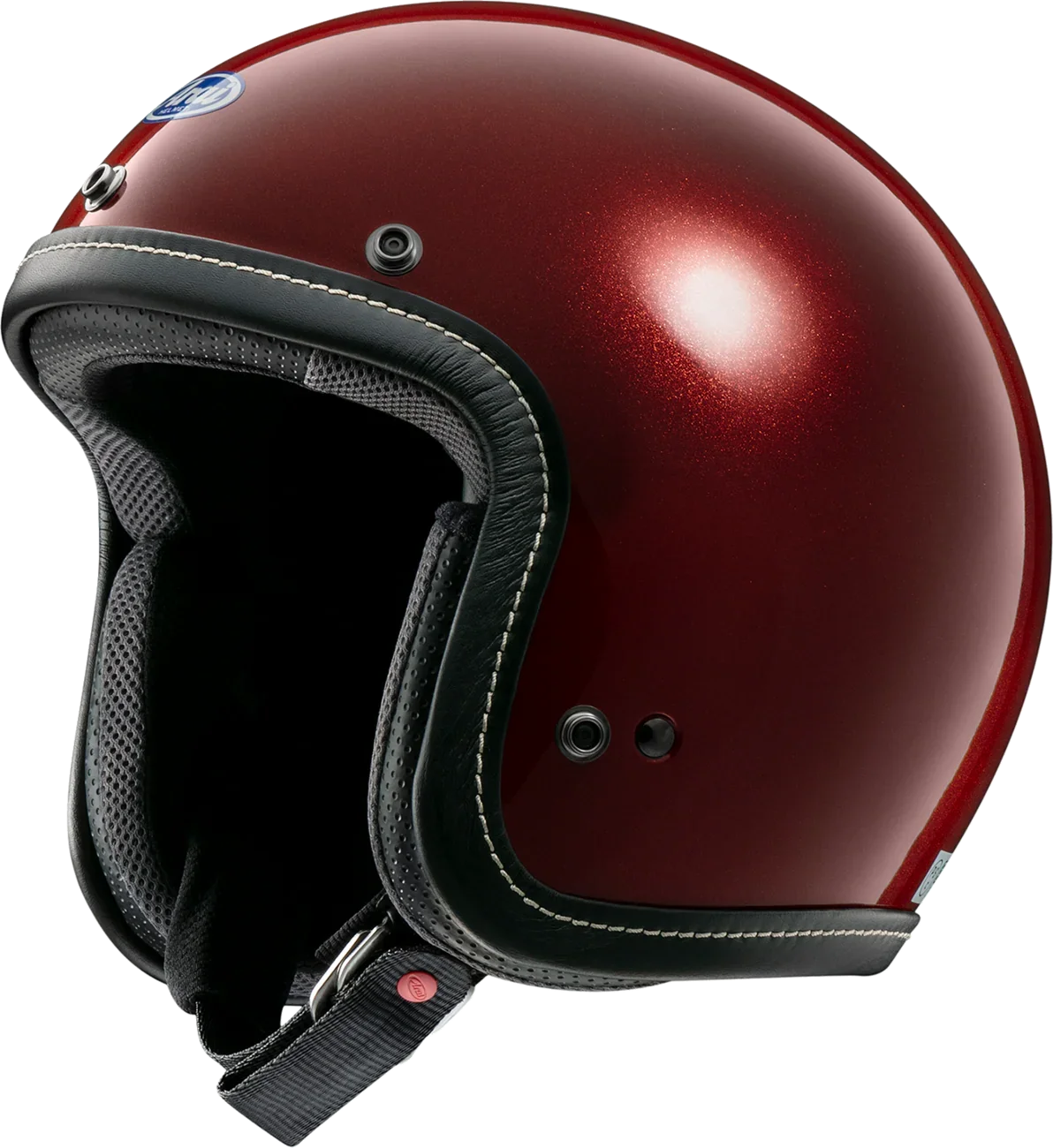 Glossy red open-face motorcycle helmet with black trim and ventilation ports