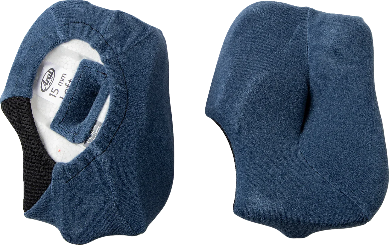 Arai 15mm helmet cheek pads, blue comfort lining with mesh vent, left and right pair for motorcycle helmets