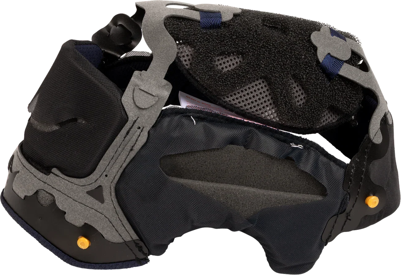 Motorcycle helmet interior with black padding, gray structure, and blue accents for comfort and safety
