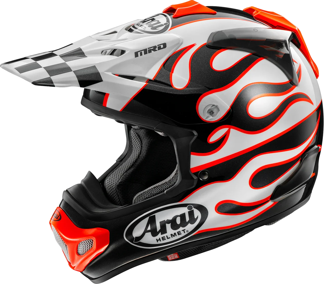 Arai MRD motocross helmet with flame graphics, checkered visor, and orange accents for off-road riding