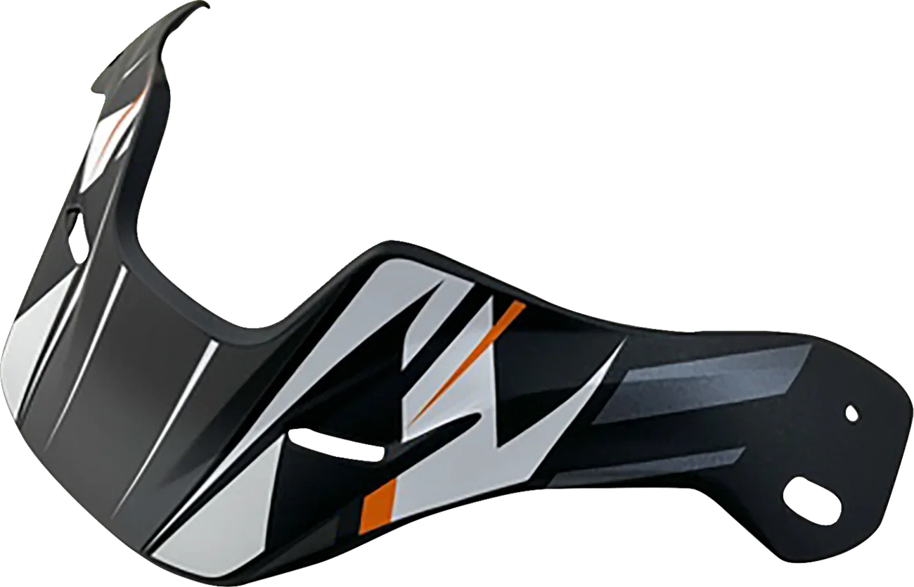 Black motorcycle helmet visor with white and orange graphics, designed for protective gear