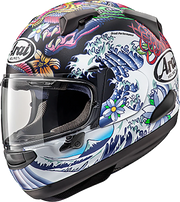 Arai motorcycle helmet with colorful wave and floral graphic design, full-face protective gear