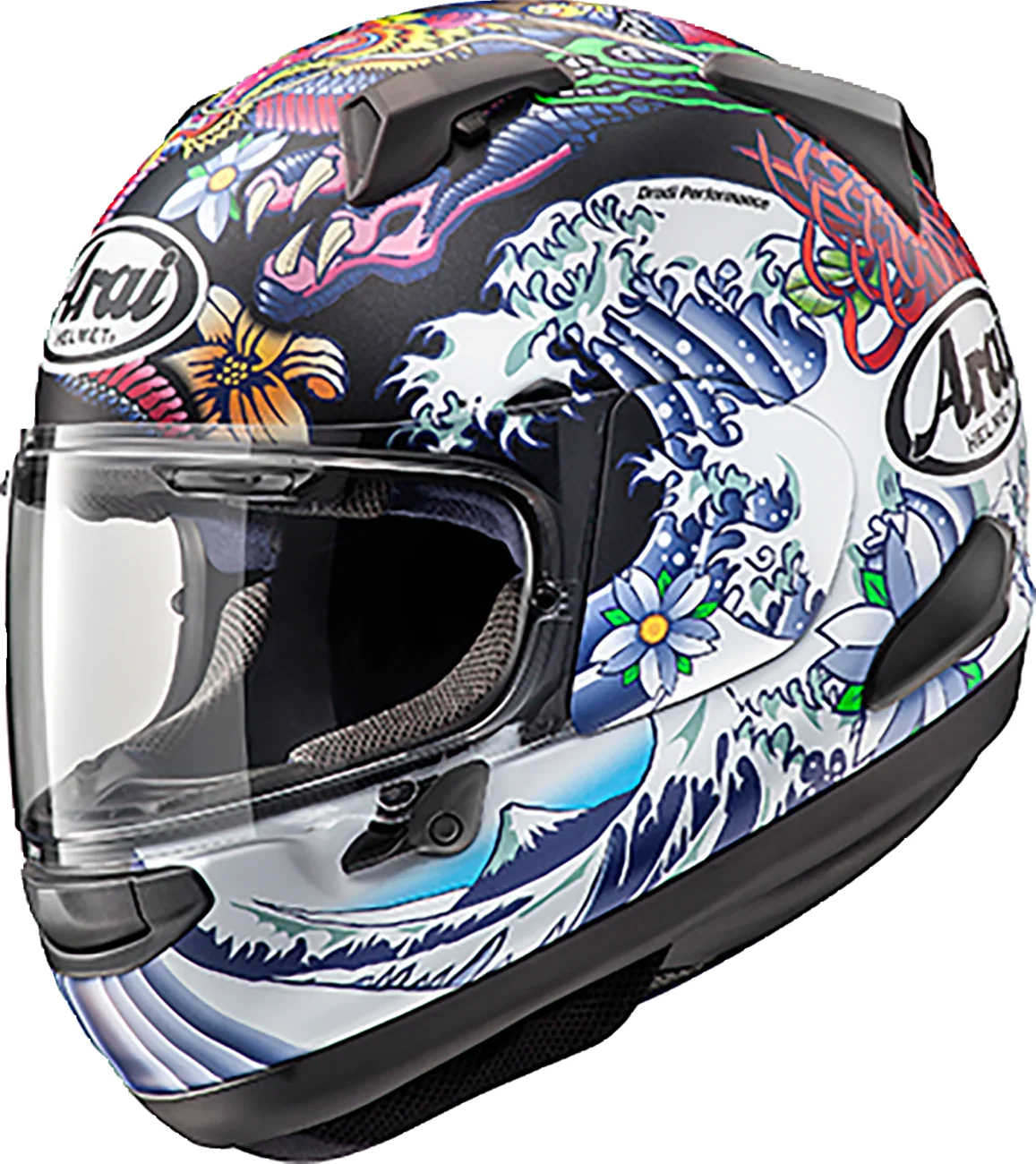 Arai motorcycle helmet with colorful wave and floral graphic design, full-face protective gear
