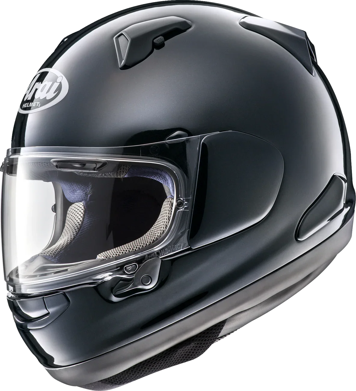 Arai full-face motorcycle helmet with clear visor, sleek black design for rider safety and protection