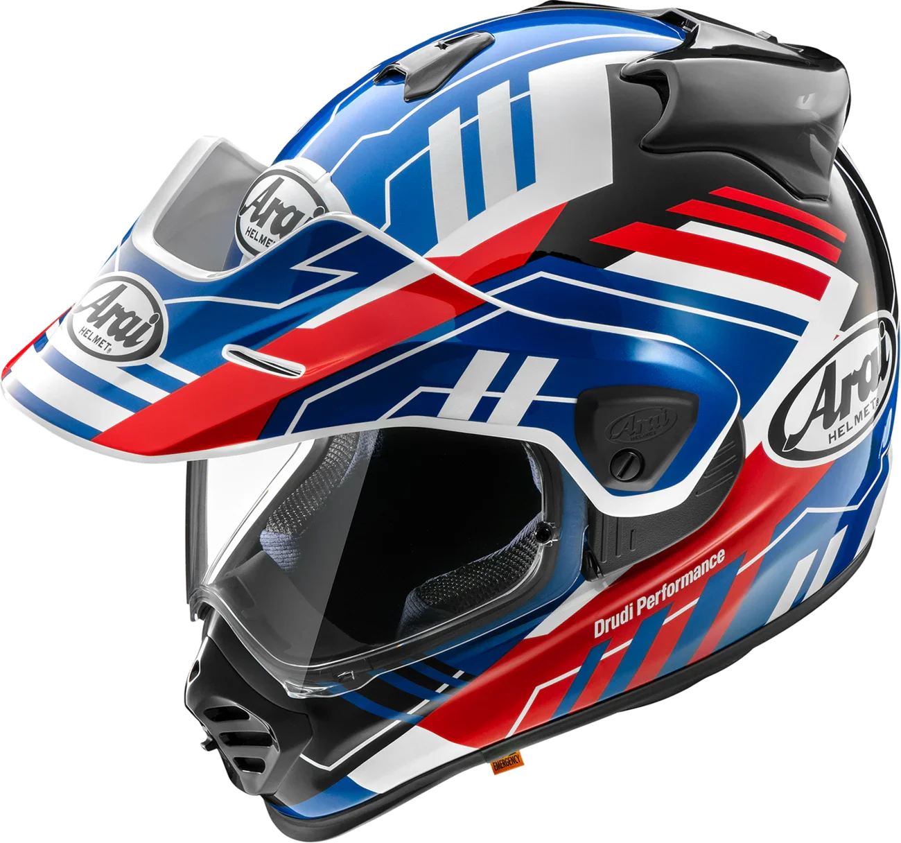 Arai Drudi Performance motorcycle helmet with blue, red, and white graphics, clear visor, and emergency release