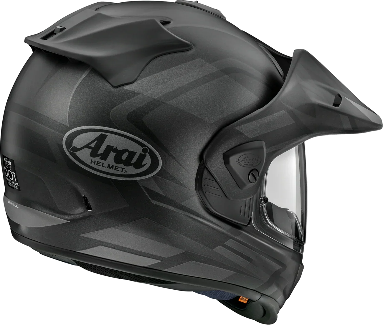 Arai motorcycle helmet with matte black finish and geometric design, featuring clear visor and DOT certification