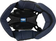 Motorcycle helmet interior with navy padding and breathable mesh lining for comfort and safety