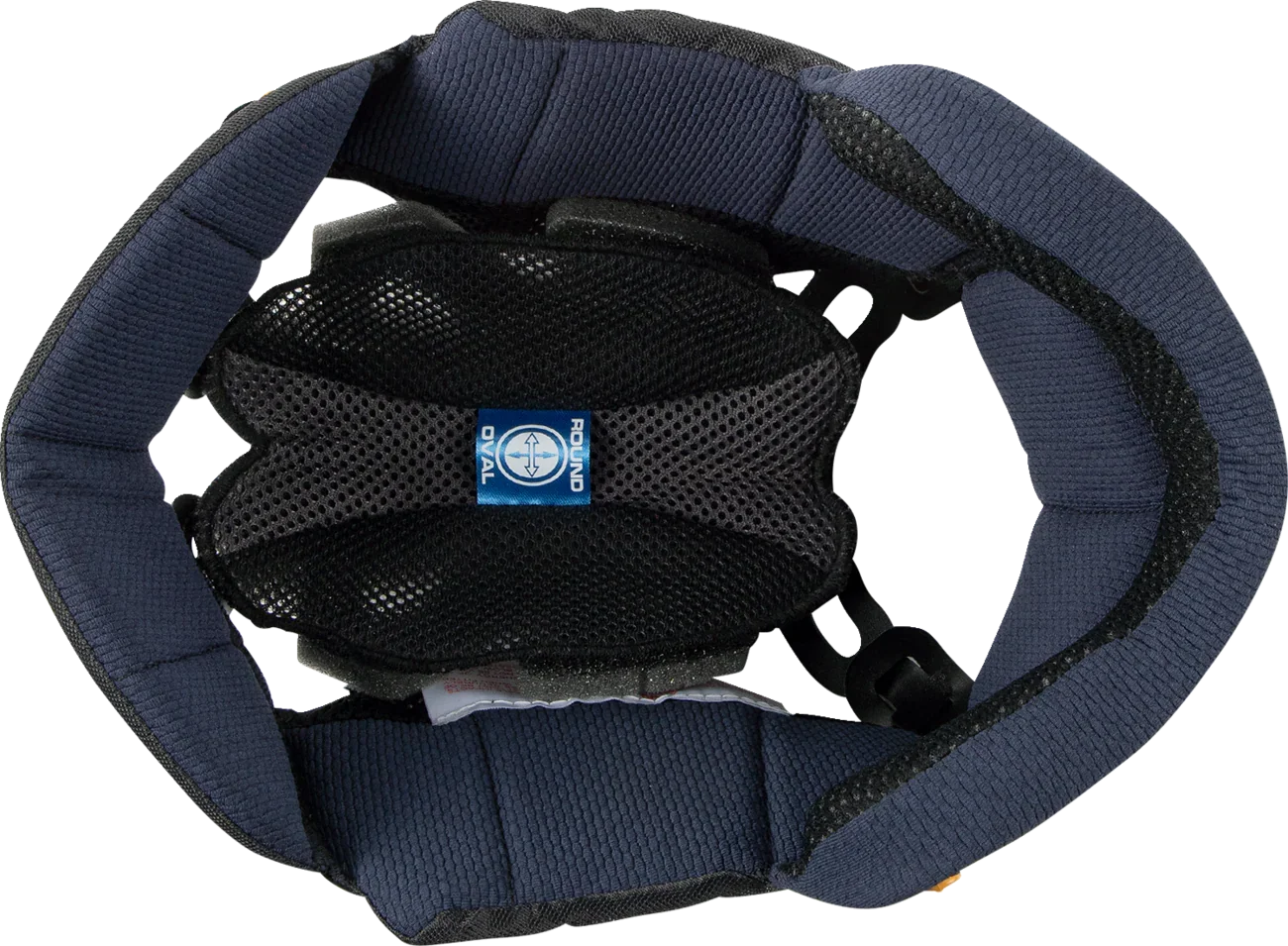 Motorcycle helmet interior with navy padding and breathable mesh lining for comfort and safety