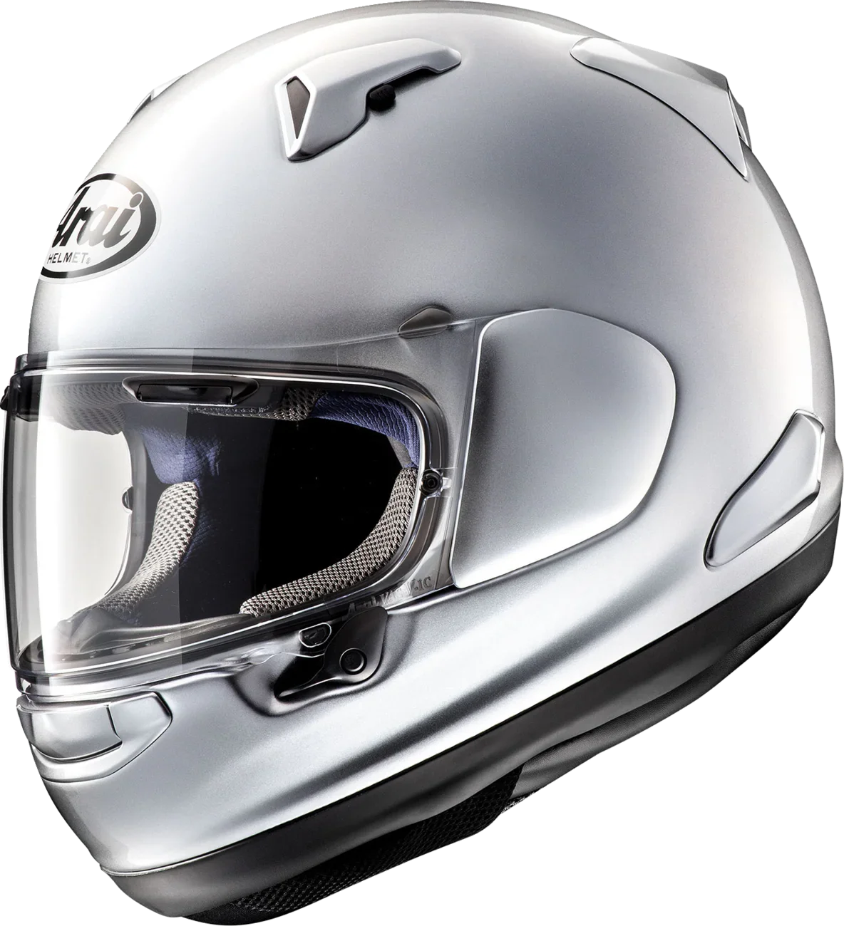 Silver Arai full-face motorcycle helmet with clear visor and ventilation