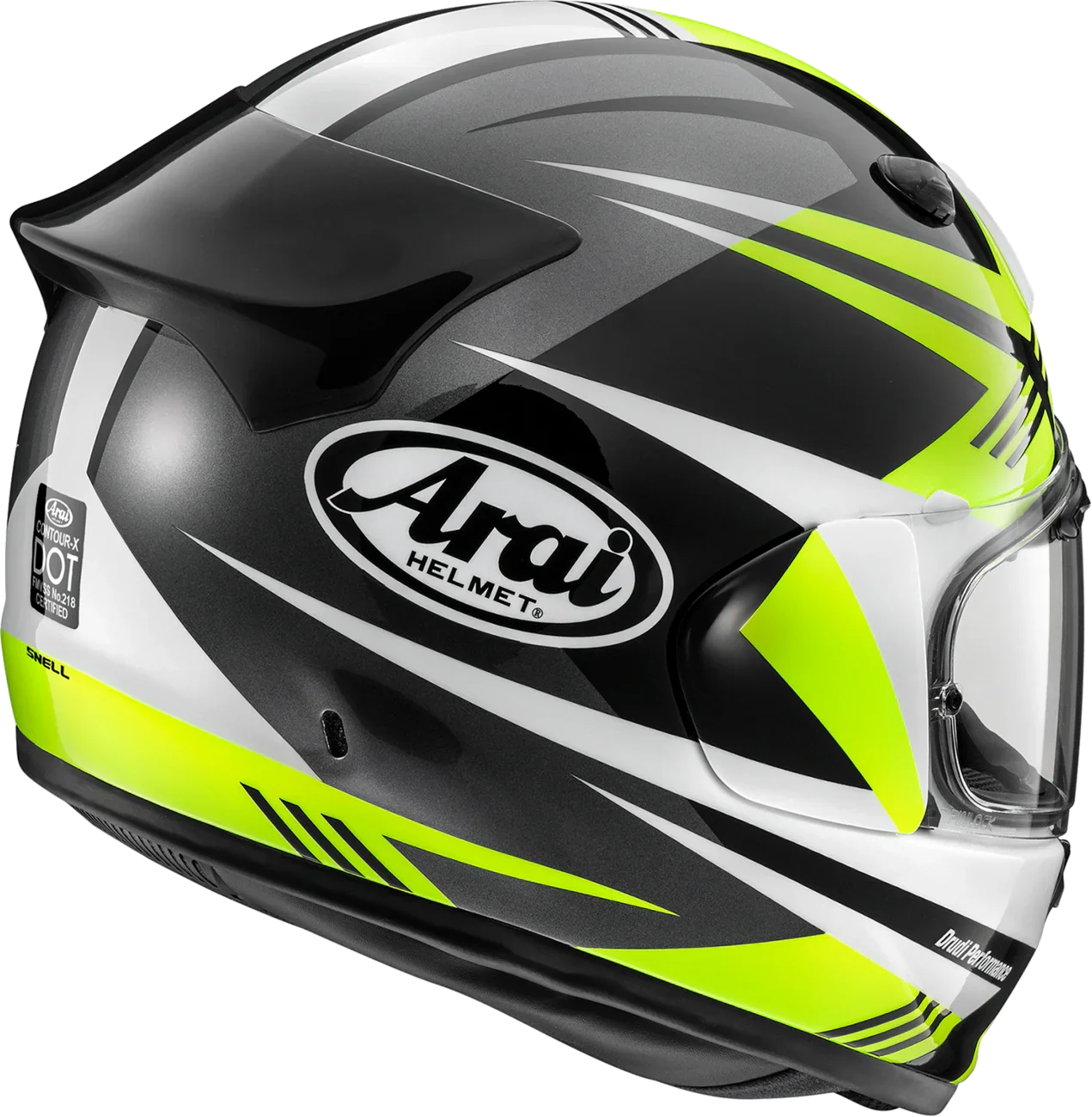 Arai full-face motorcycle helmet with black, white, and neon green graphics, DOT certified