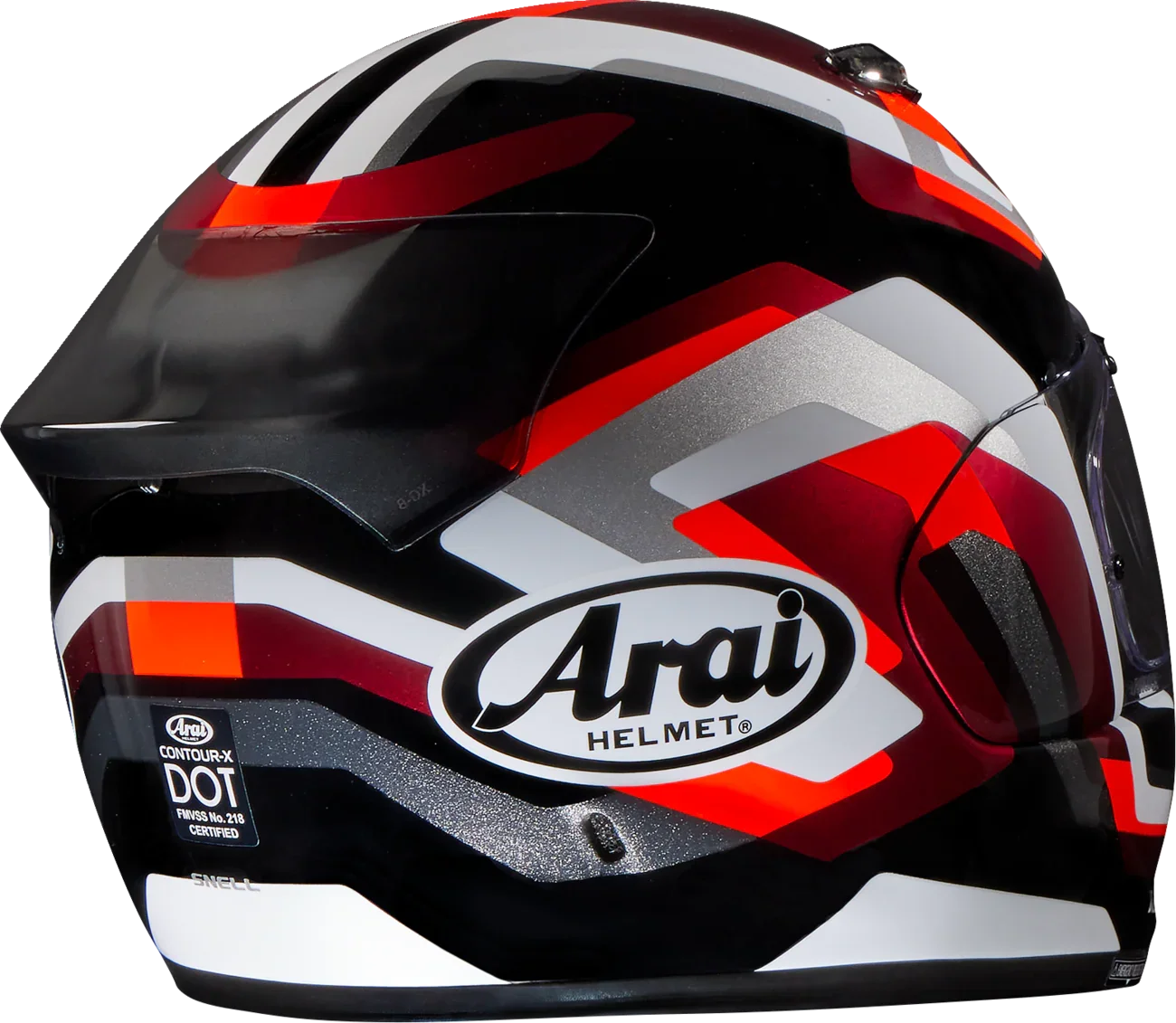 Arai Contour-X motorcycle helmet with red, black, and white graphics, DOT certified for safety