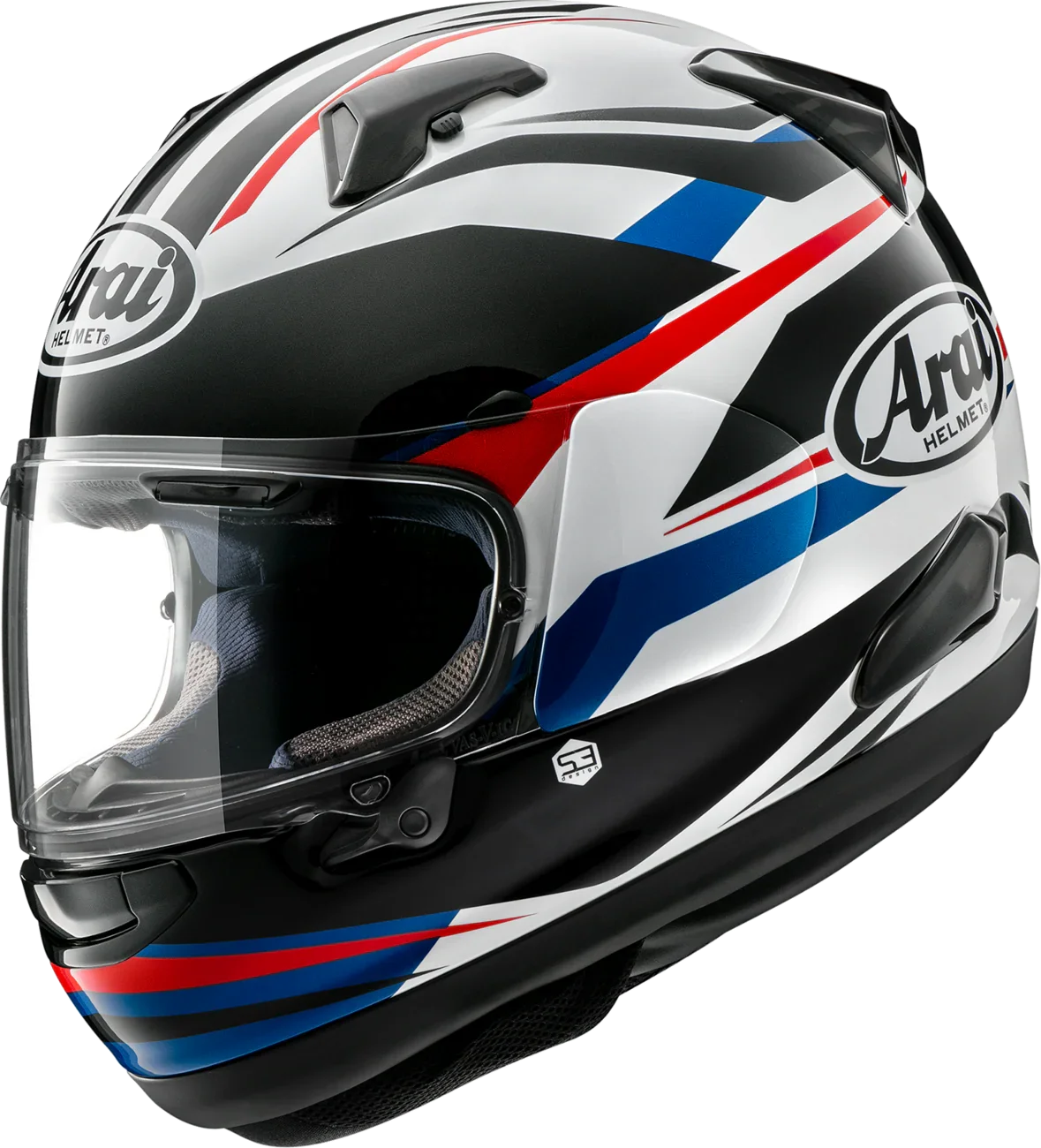 Arai full-face motorcycle helmet with red, white, and blue graphics, clear visor, and premium protective design