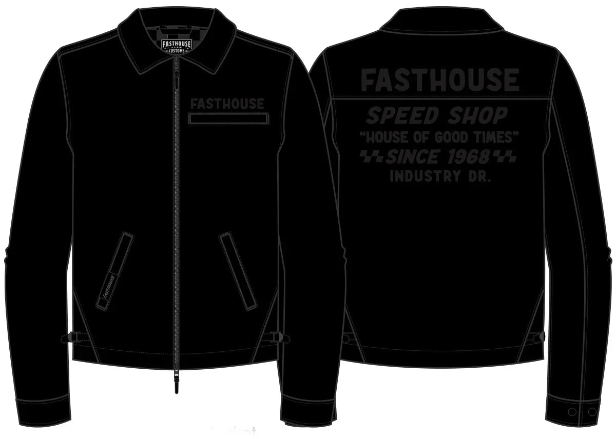 Black jacket with 'Fasthouse' branding on a white background