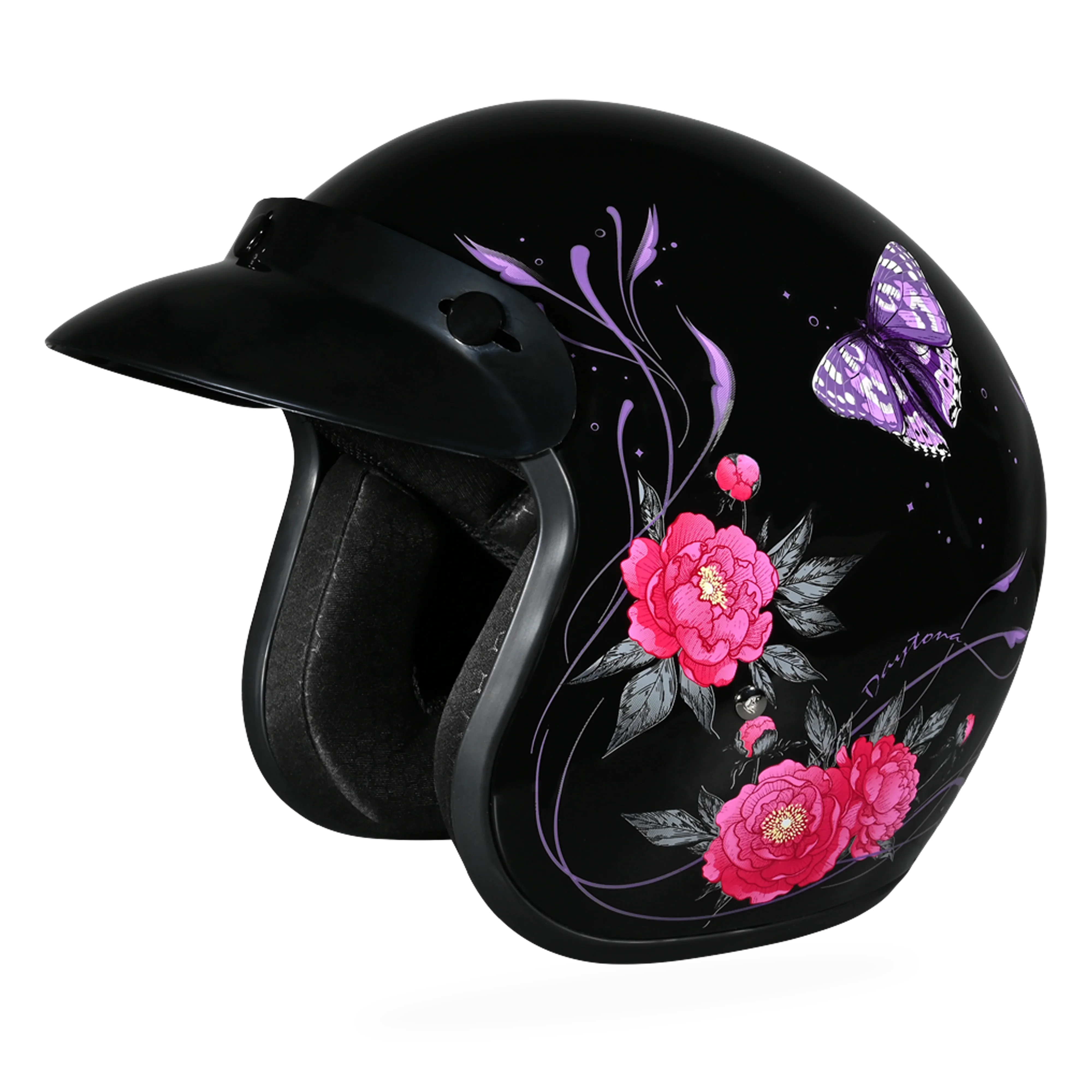 Daytona Helmets DOT Approved Daytona Cruiser Open Face Motorcycle Helmet - Men, Women & Youth - With Visor & Graphics - W/ Butterfly