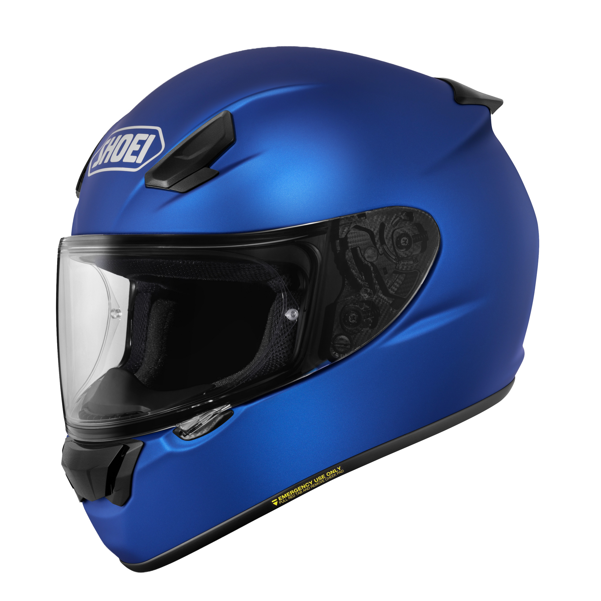 Shoei RF-SR 2 full face motorcycle helmet in Matte Blue Metallic, front three-quarter view with clear CWR-1 shield