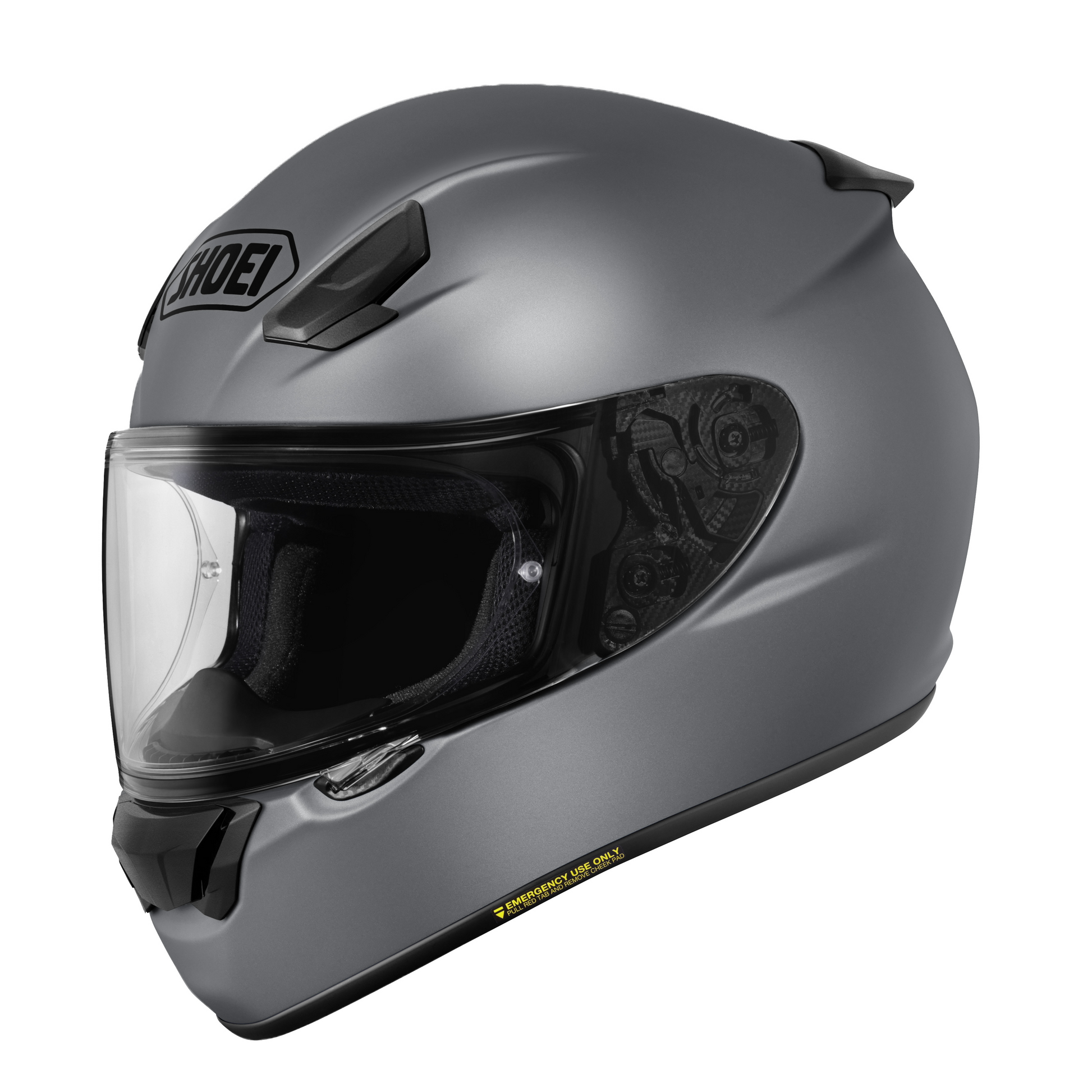 Shoei RF-SR 2 full face motorcycle helmet in Matte Deep Gray, front three-quarter view with clear CWR-1 shield