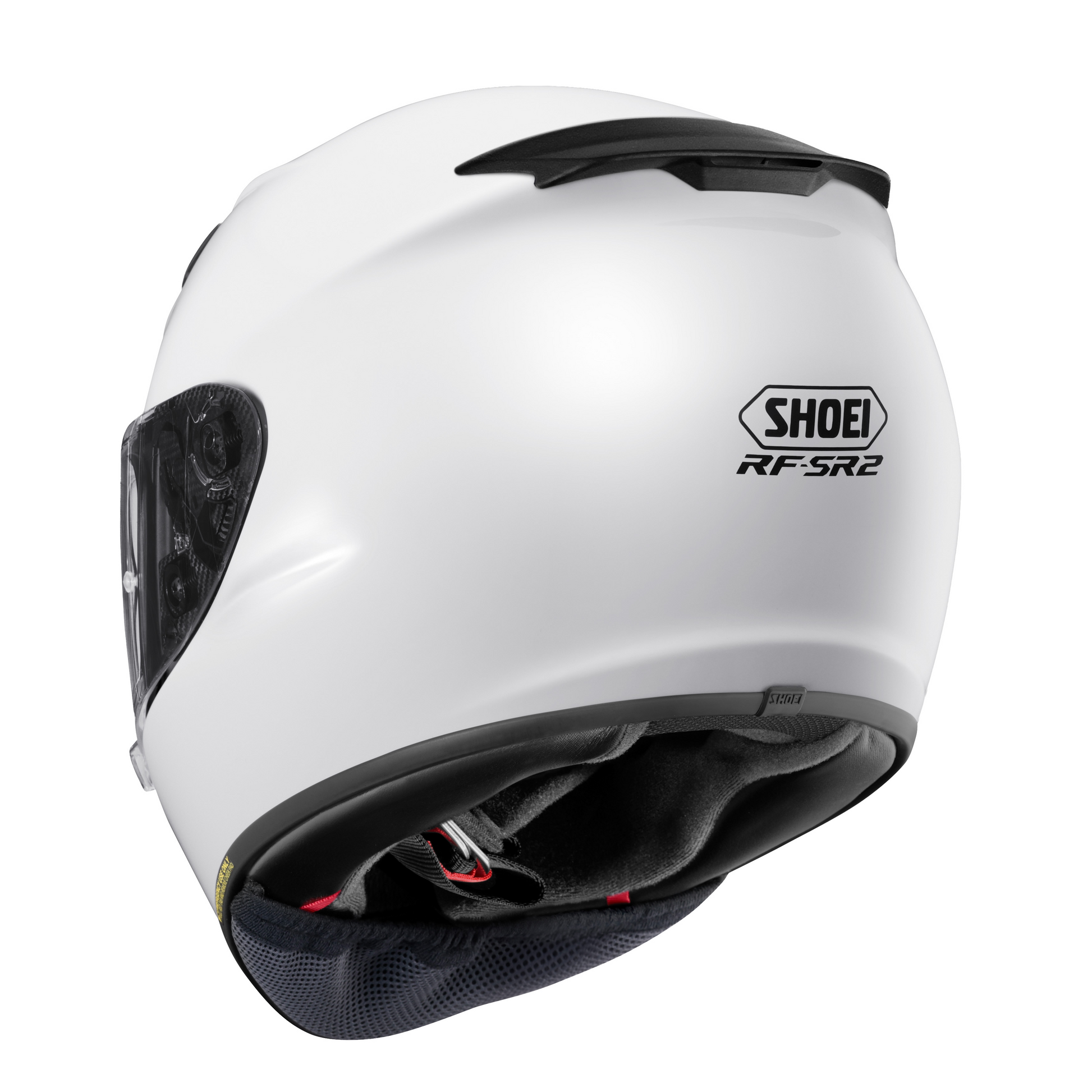 Rear view of the Shoei RF-SR 2 helmet in White showing the rear exhaust vent, RF-SR2 model badge and neck roll