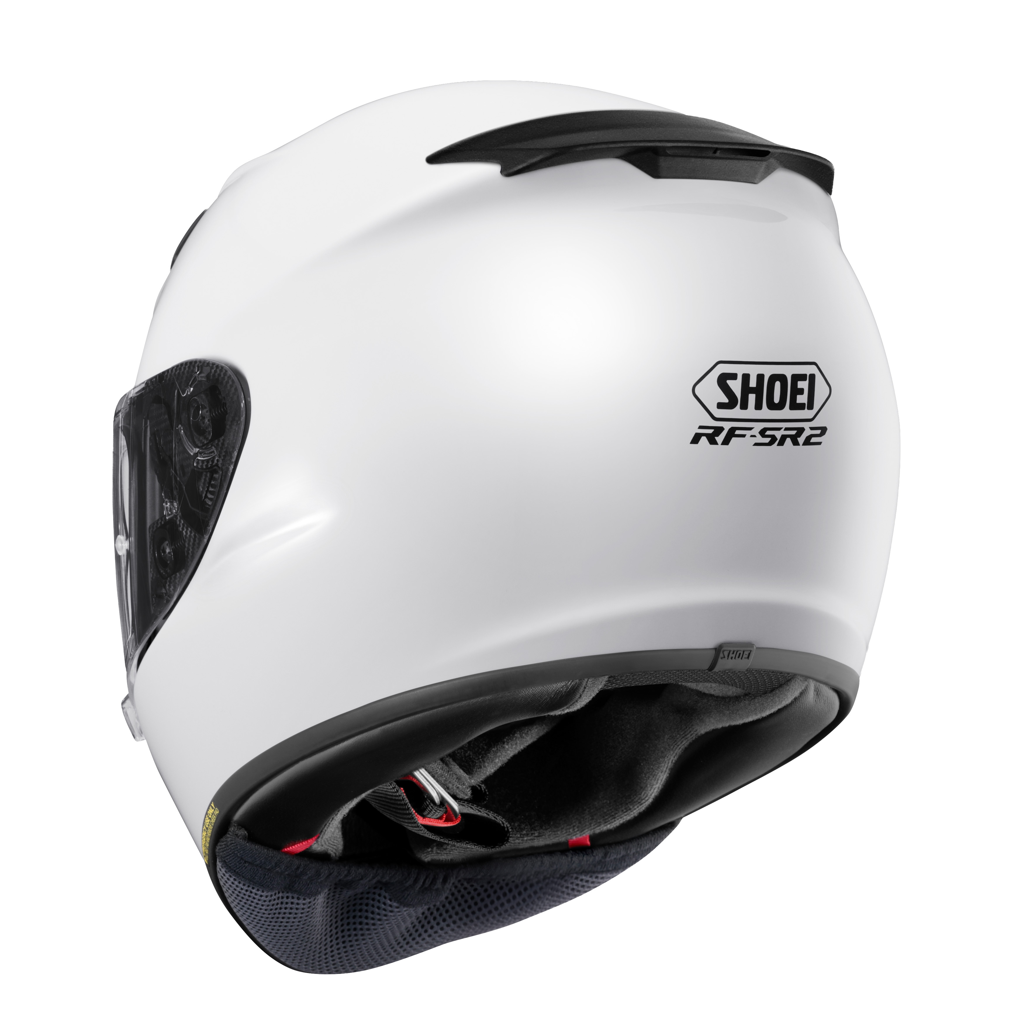 Rear view of the Shoei RF-SR 2 helmet in White showing the rear exhaust vent, RF-SR2 model badge and neck roll