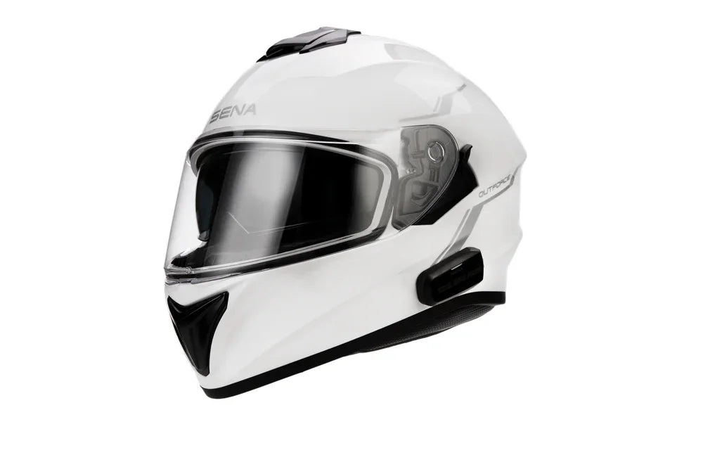 White motorcycle helmet with a brand logo on a white background