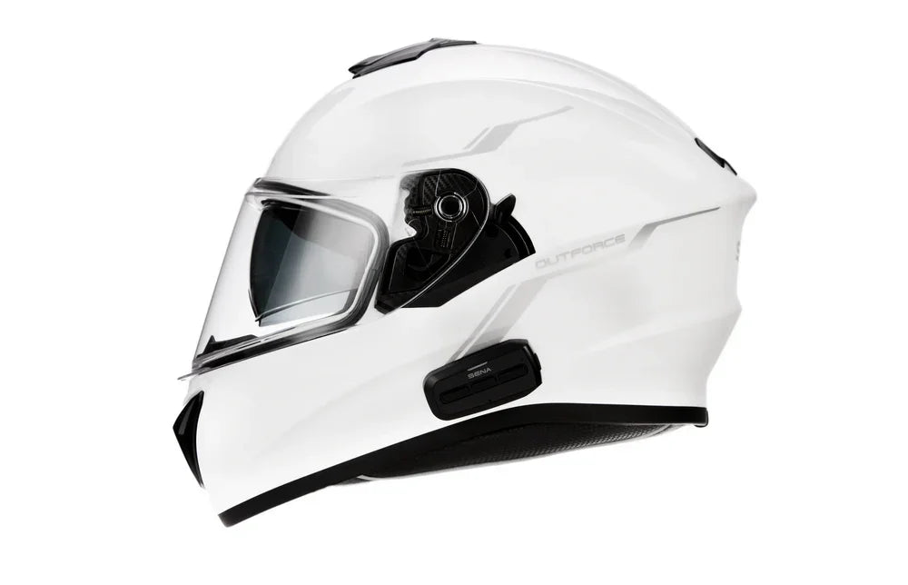White motorcycle helmet with clear visor on a white background