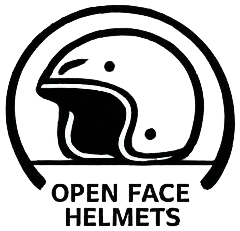 Open face motorcycle helmet icon with bold text label for helmet shop category