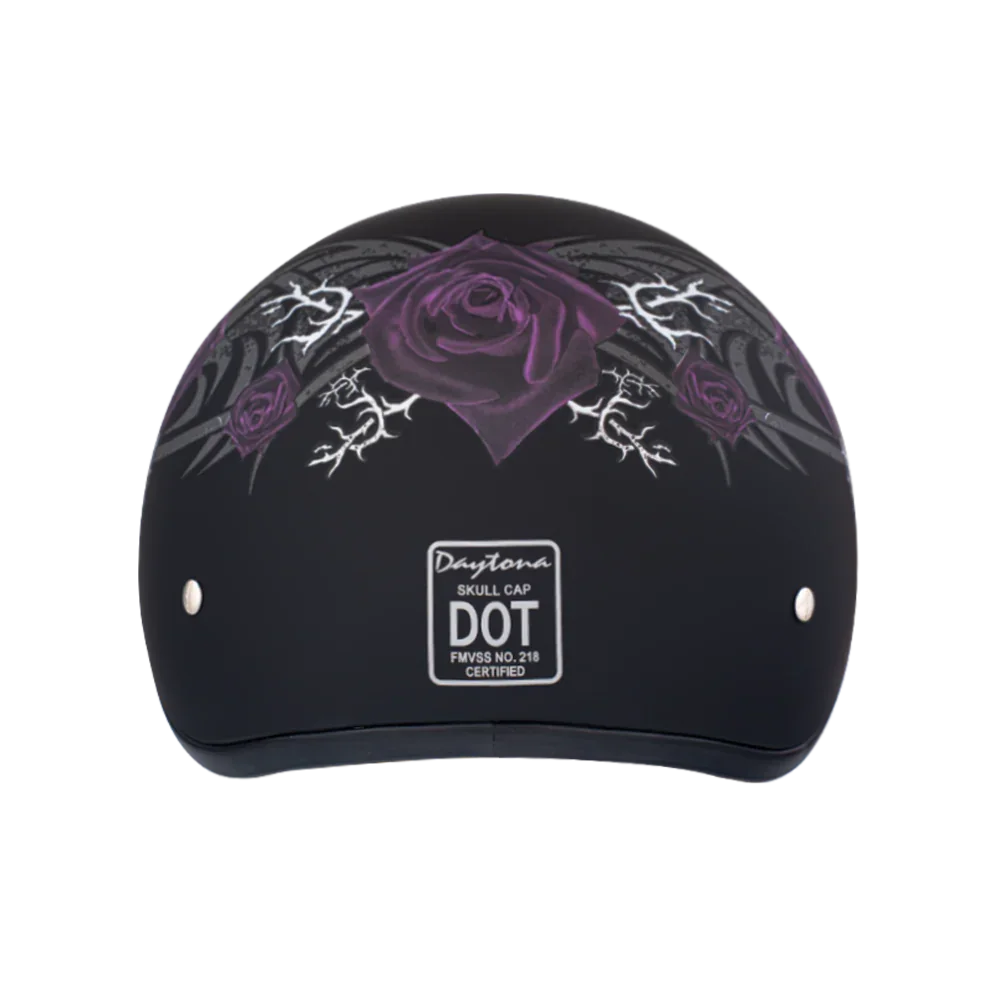 Daytona Helmets DOT Approved Daytona Motorcycle Half Face Helmet - Skull Cap Graphics for Men & Women, Scooters, ATVs, UTVs & Choppers - W/ Purple Rose
