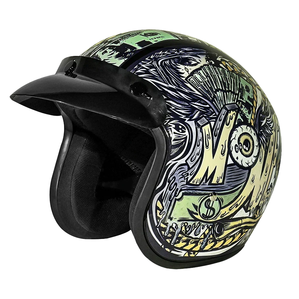 Daytona Helmets DOT Approved Daytona Cruiser Open Face Motorcycle Helmet - Men, Women & Youth - With Visor & Graphics - W/ Money